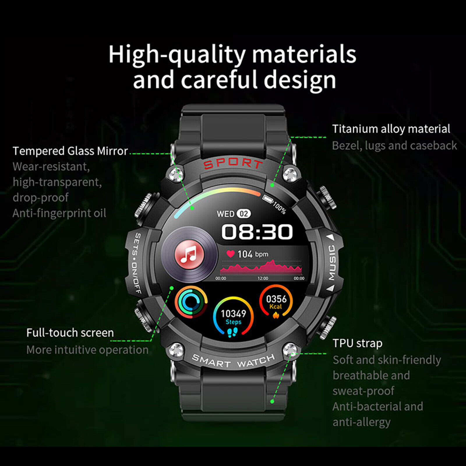 T96 MP3 Exercise Heart Rate Blood Pressure Oximetry Bluetooth Smart Watch