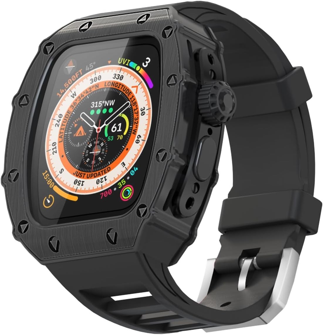 Luxury Case for Apple Watch Ultra 49mm Rugged Bumper + FKM Band, Black