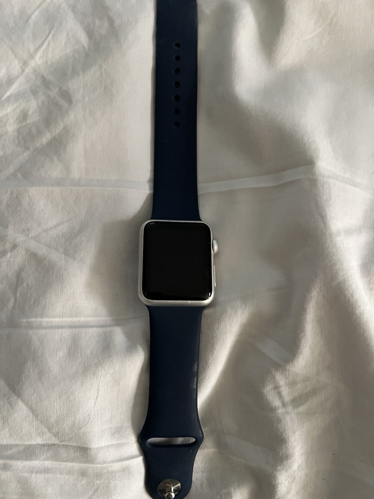 Apple Watch with Blue Band and Silver Aluminum Case