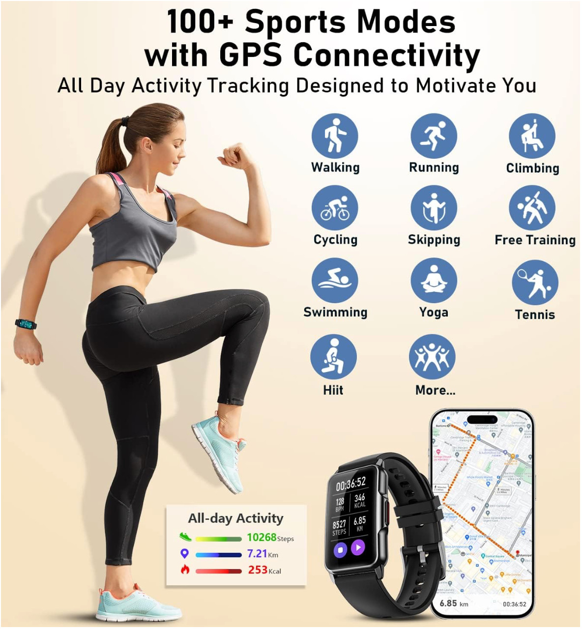 Fitness Smart Watch for Heart Rate Sleep, and Step Tracker IP68 Waterproof