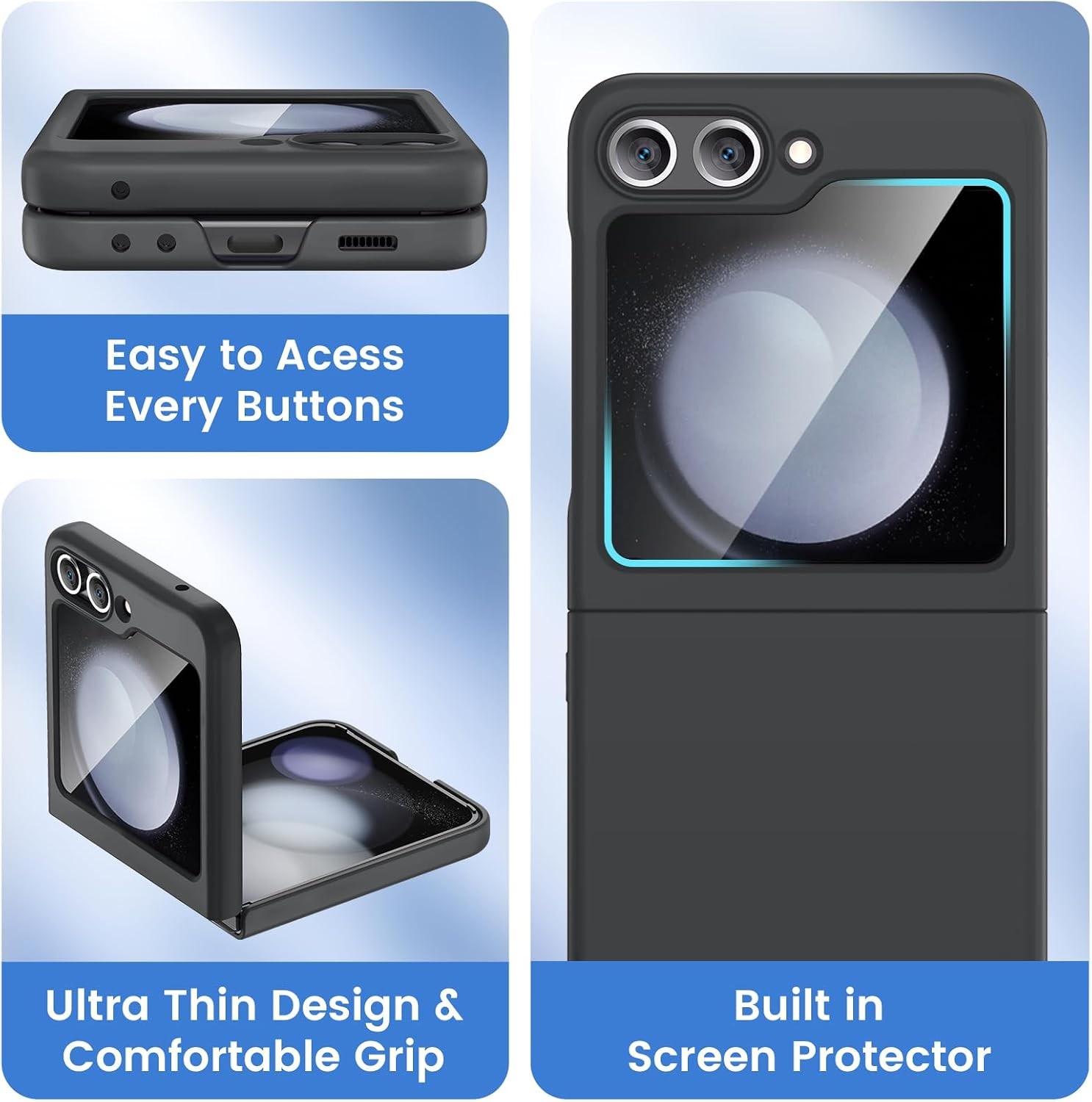 Full Body Cover Case for Samsung Galaxy Z Flip 5, Ultra-Thin, Shockproof, Black