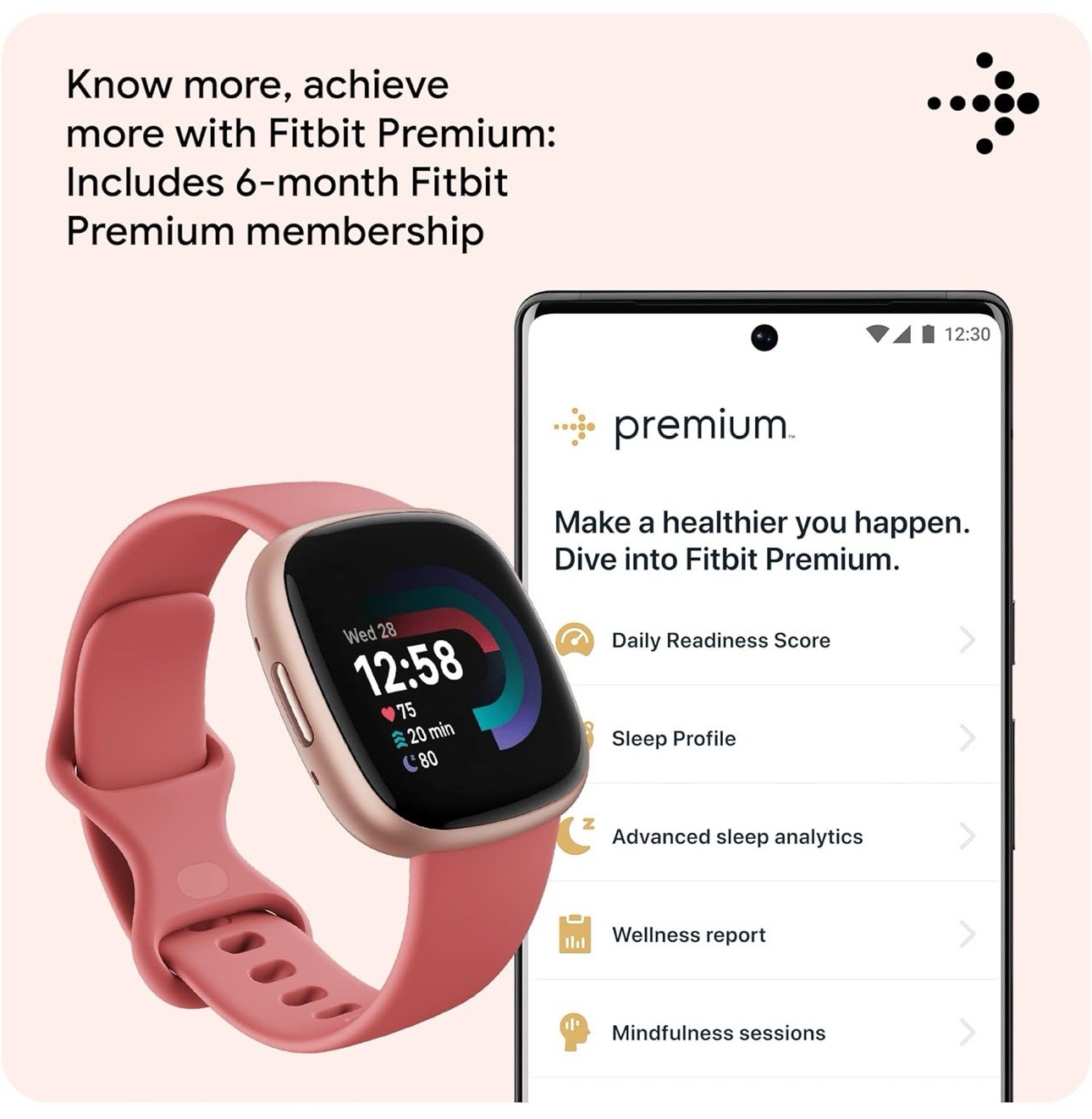 Fitbit Versa 4 Smartwatch – Copper Rose Aluminum with Pink Sand Band