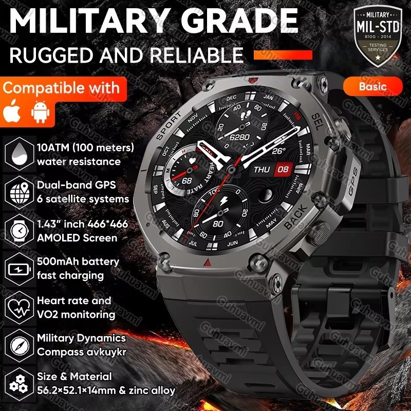 T-Rex 3 Pro Dual-Band GPS Military Smart Watch 48mm Compass Altimeter GPS