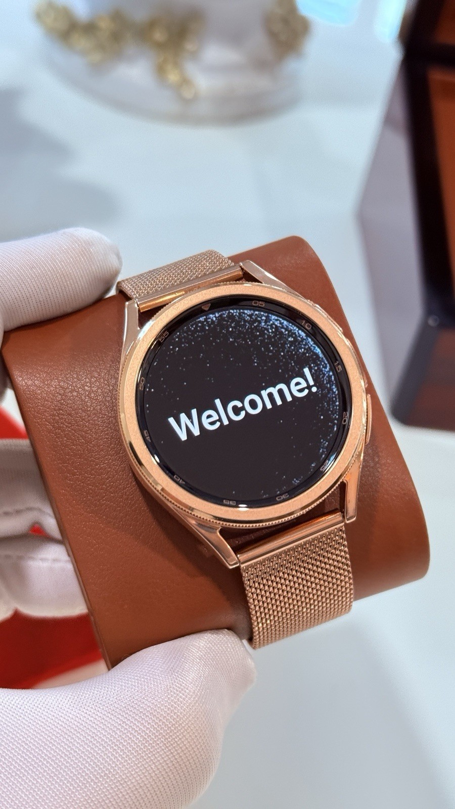 Custom 24k ROSE Gold Plated 43mm Samsung Galaxy Watch 6 Gold Bezel Gray Band