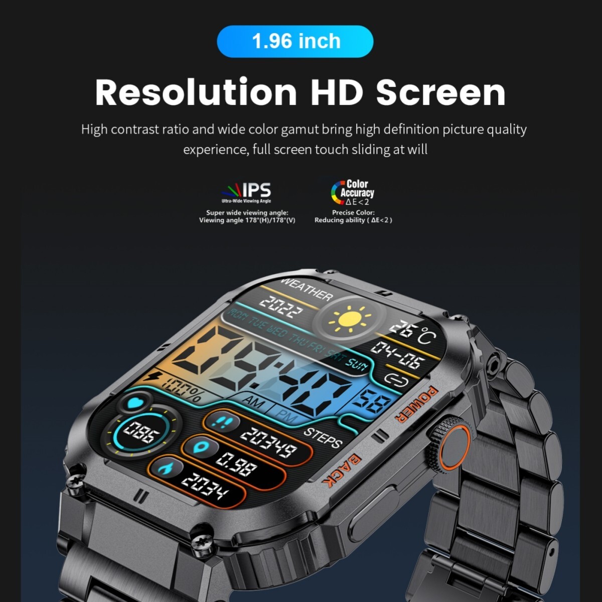 Smart Watch Men Fitness Rugged w/ LED Flashlight 2.02″ HD Screen 5ATM Waterproof