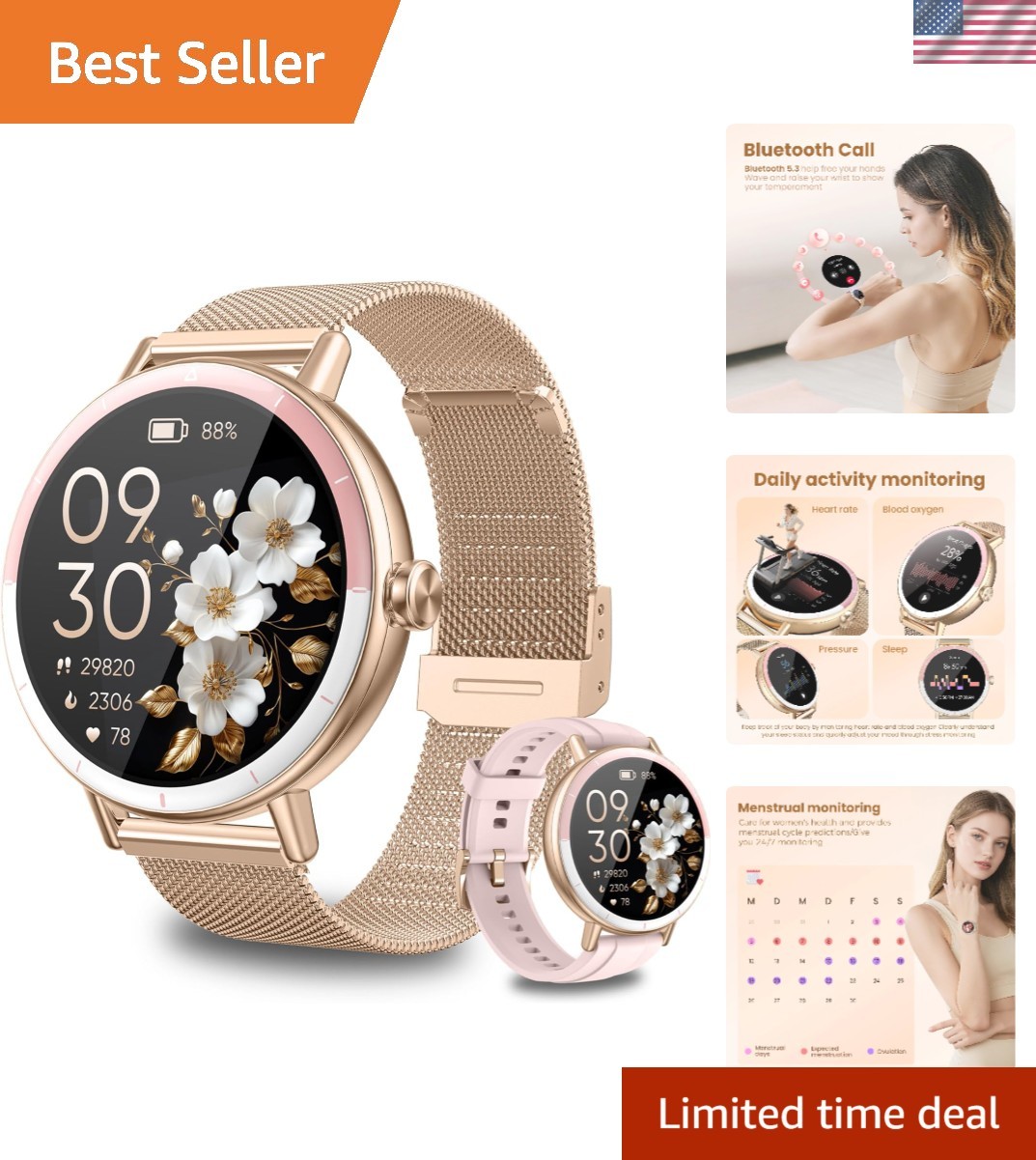 Waterproof Smart Watch for Women with 100+ Sport Modes & Bluetooth Calls