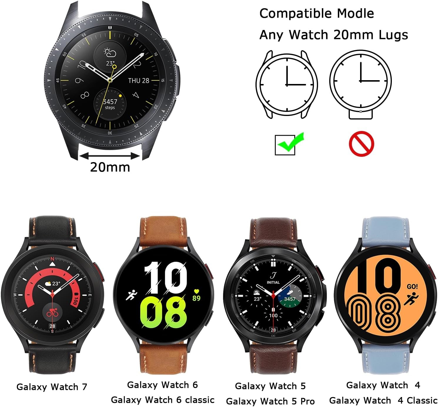 Leather Band for Galaxy Watch 6 Classic 43mm, 47mm, Genuine Leather Strap