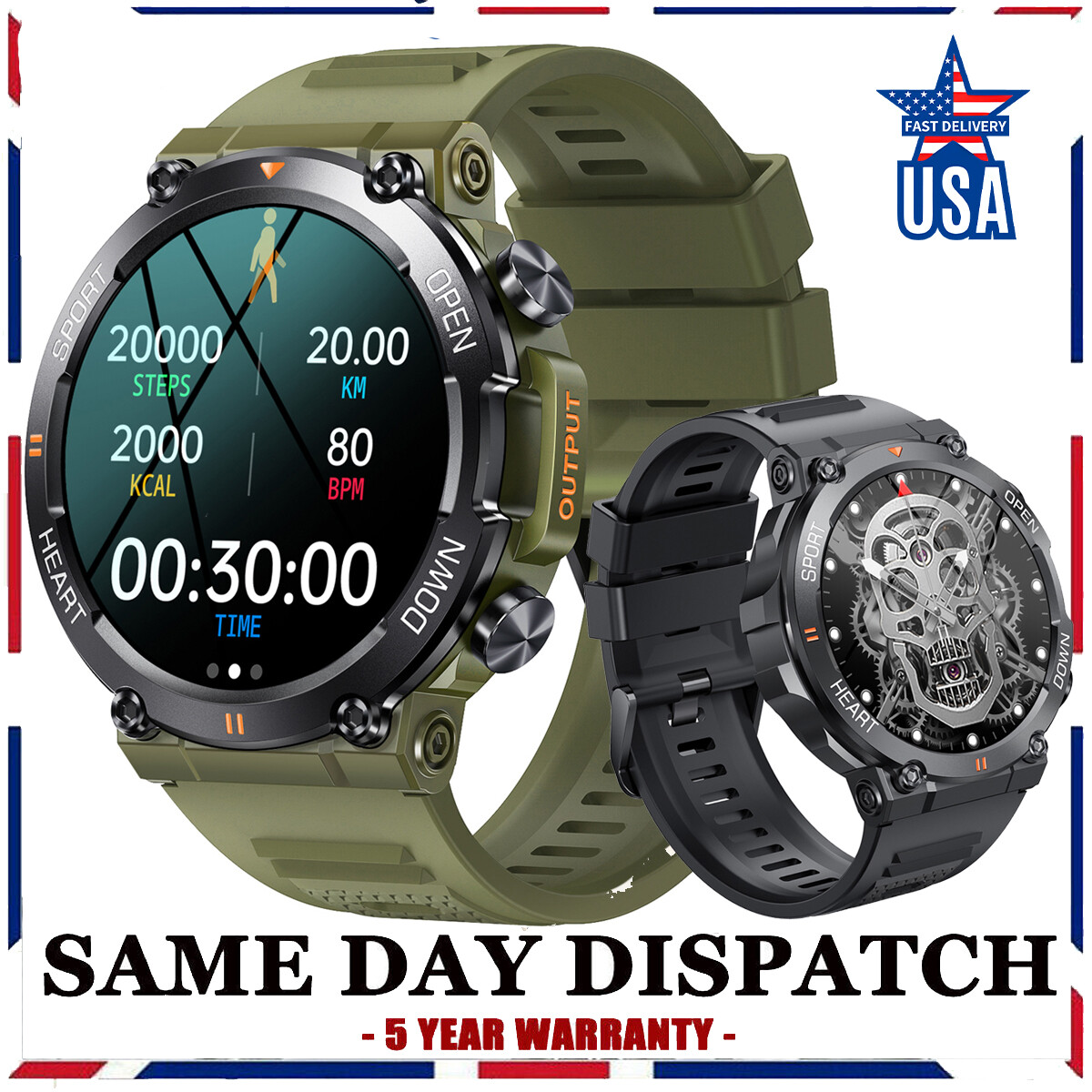 Men Smart Watch BT Waterproof Military Tactical Wristwatch Sport Fitness Tracker