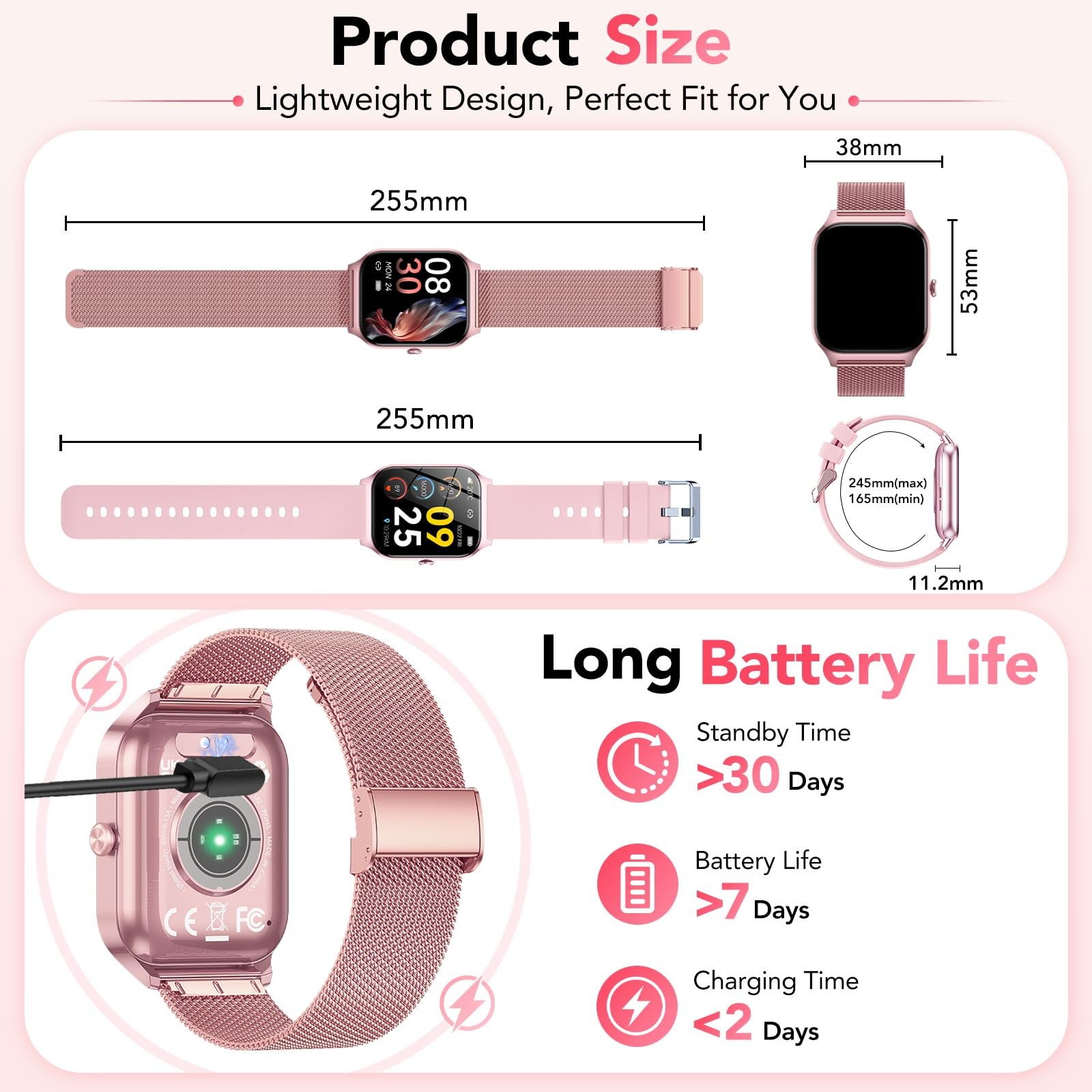 1.85 Inch Smart Watch Women Fitness Tracker Heart Rate Sleep Monitor 2 Bands…