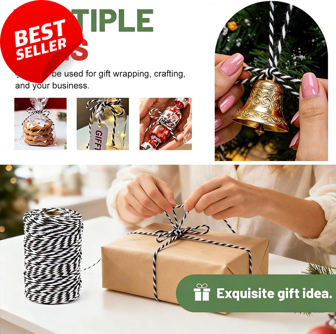 Black & White Cotton Twine 700ft – Bakers String for Crafts, Cooking, Gifts