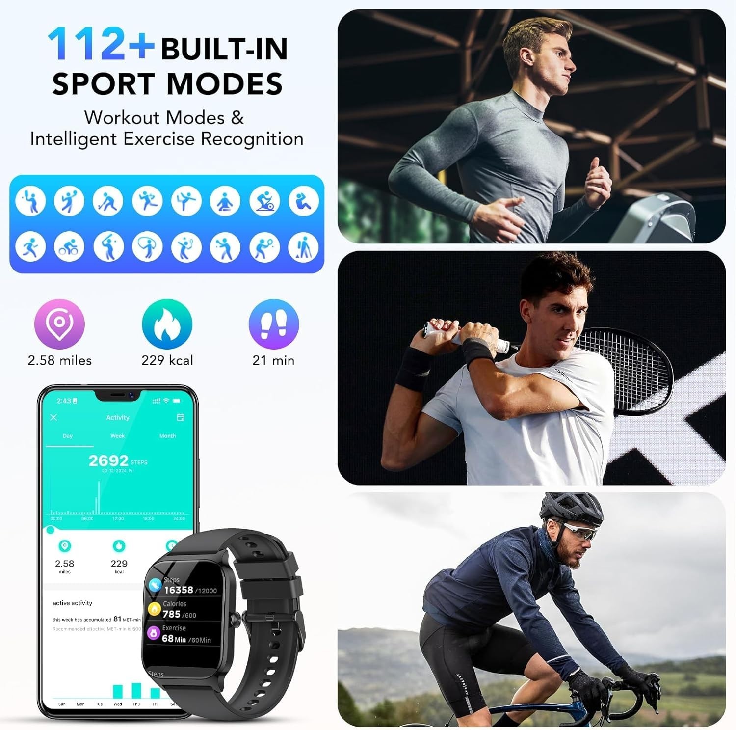 Smart Watch for Men Women 1.85″ Fitness Tracker with Bluetooth Calls