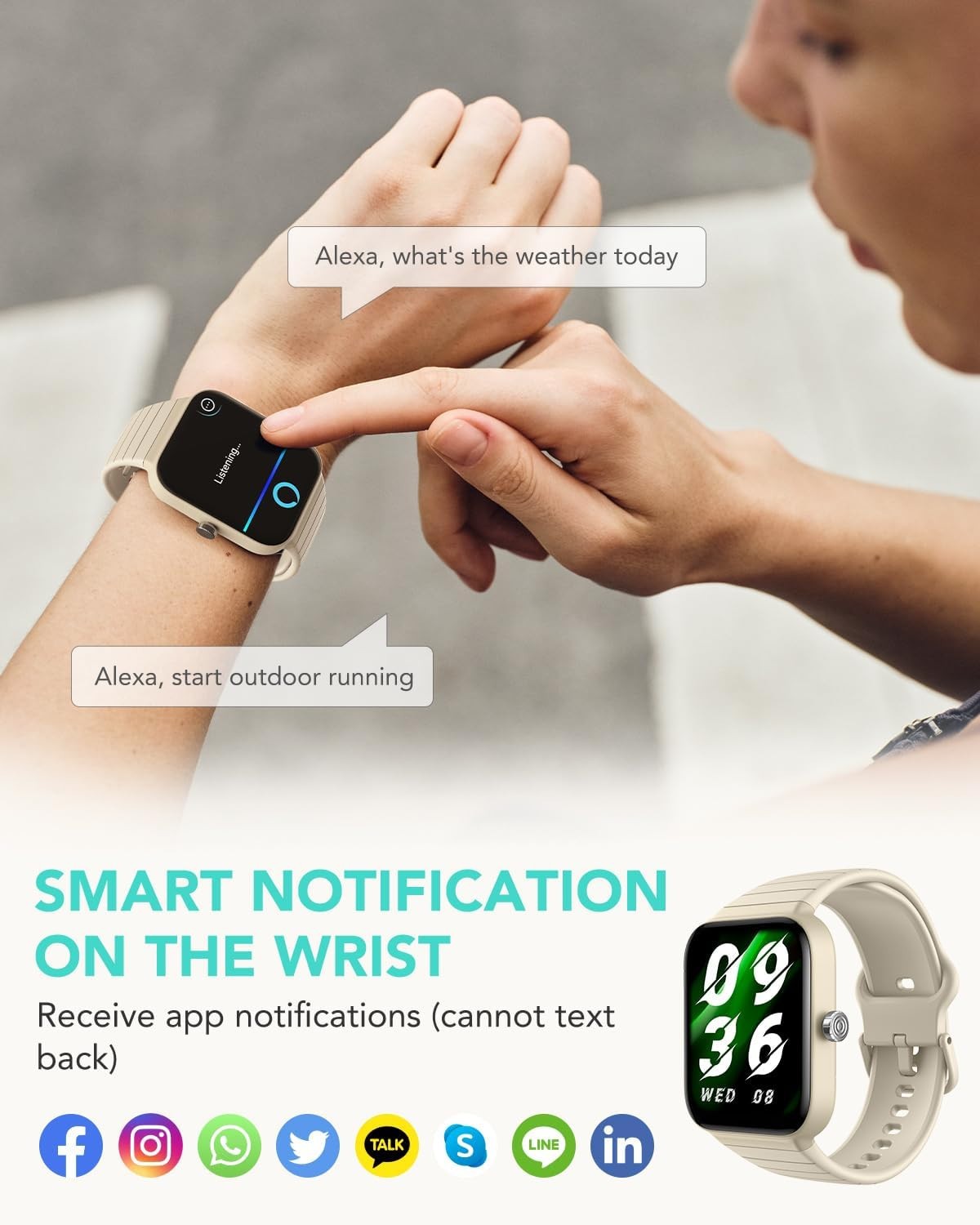 Smart Watch with Alexa Built-in Answer/Make Calls Fitness H.Rate – Cyber beige