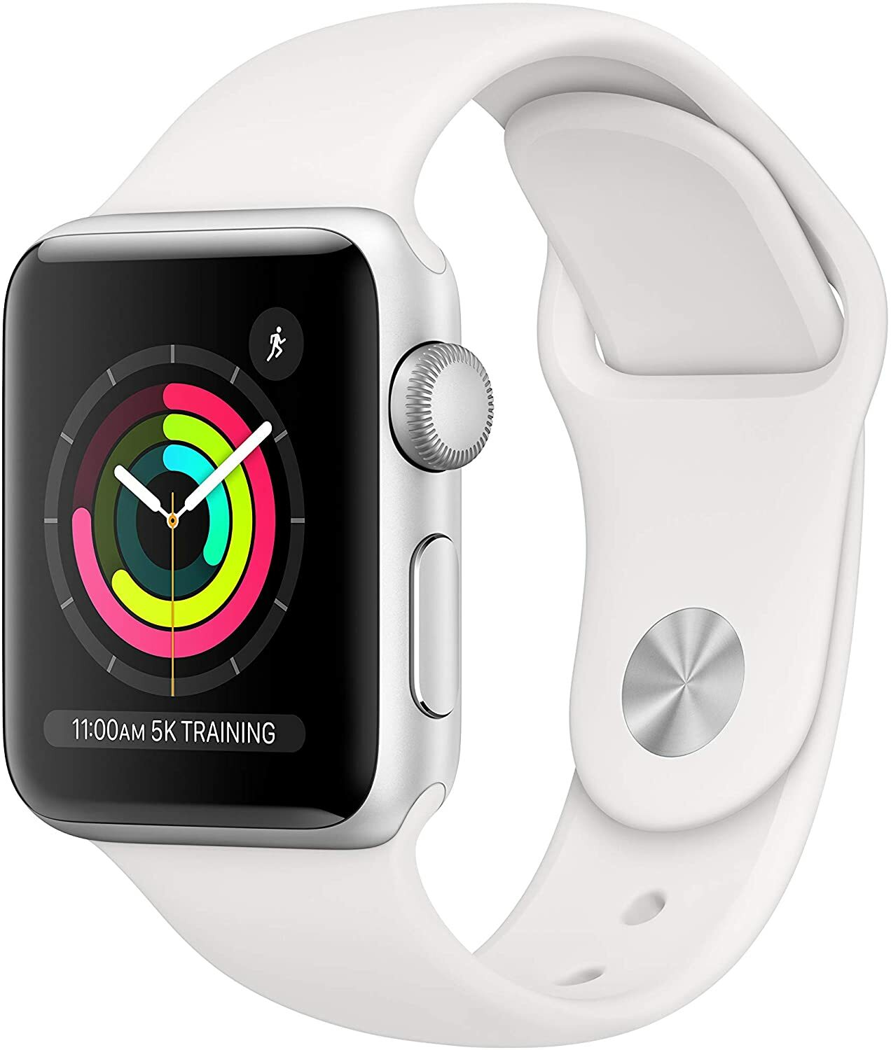 Apple Smart Watch Series 3 GPS 38 mm Silver Aluminum Case with White Sport Band.