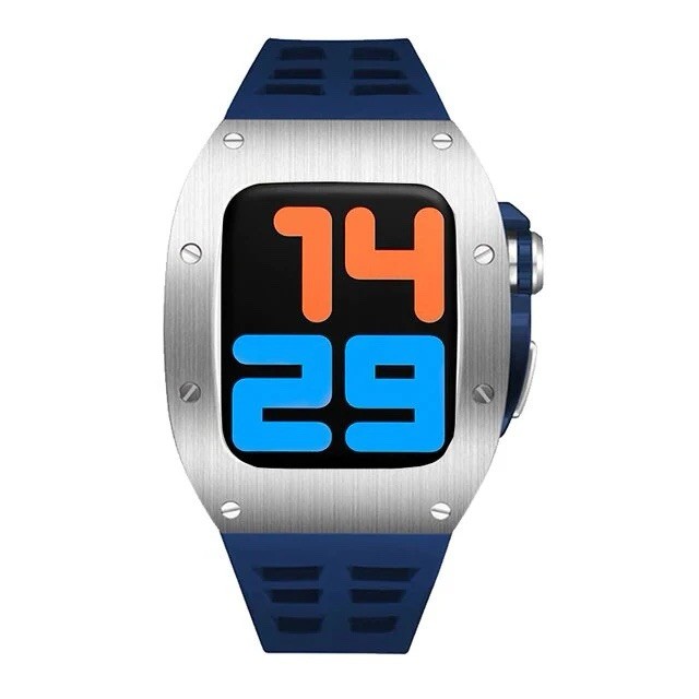 Blue Silicone Band Smart Watch Silver Metal Case Touch Screen