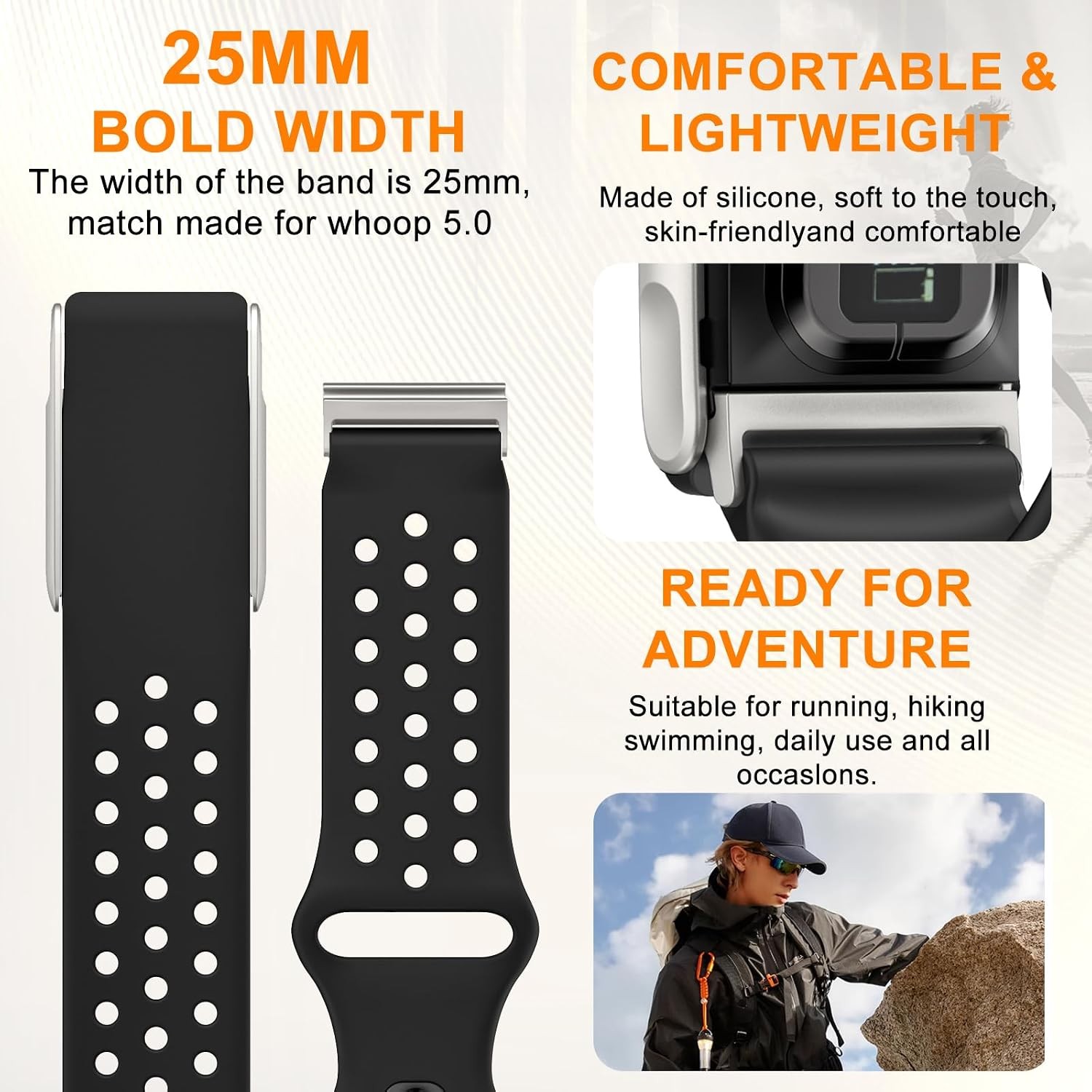 Silicone Sport Band for Whoop 5.0, Breathable Adjustable Waterproof Strap