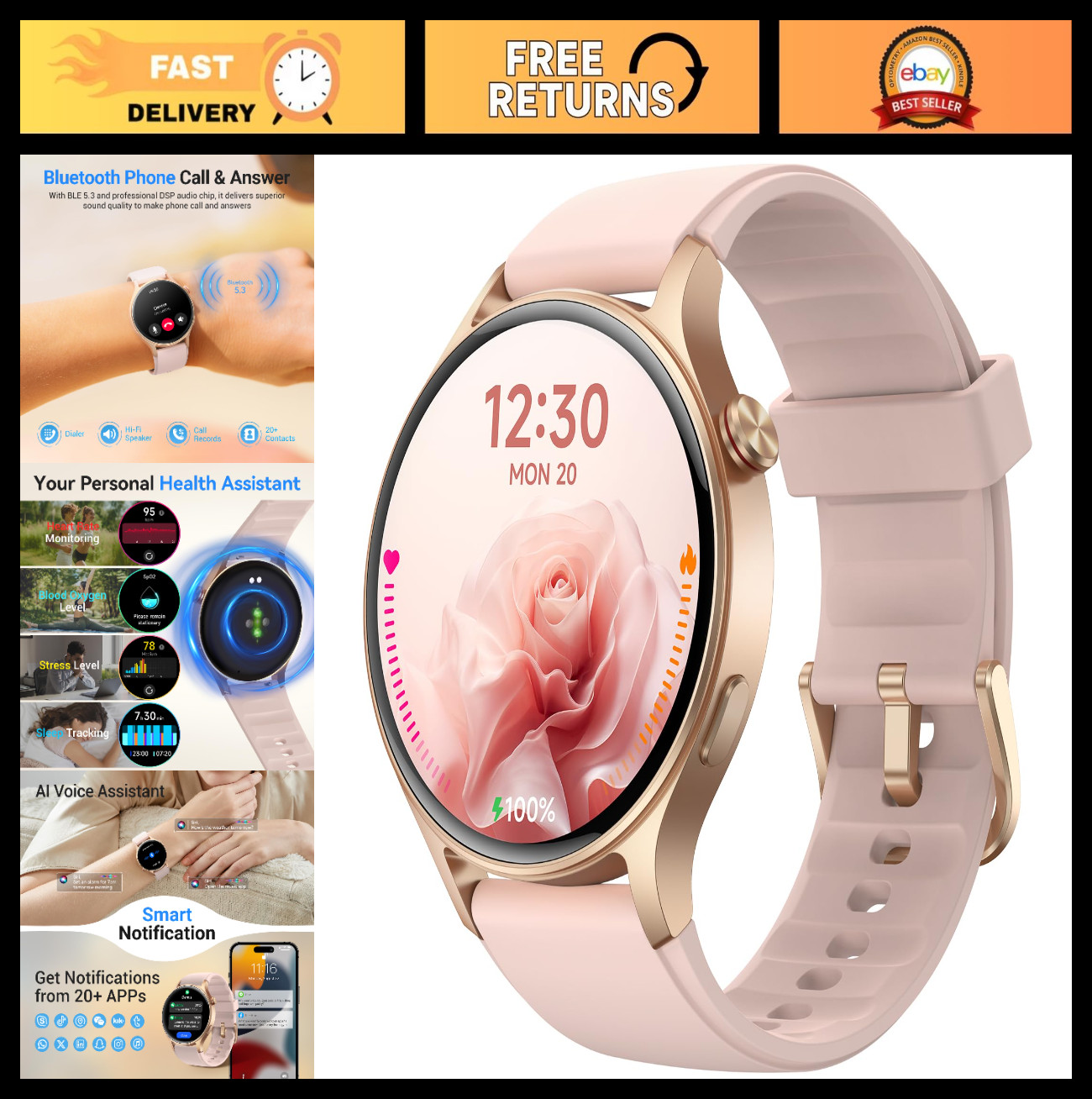 Smartwatch for Women, 1.3″ AMOLED Touchscreen, Fitness Tracker, Heart Rate Monit