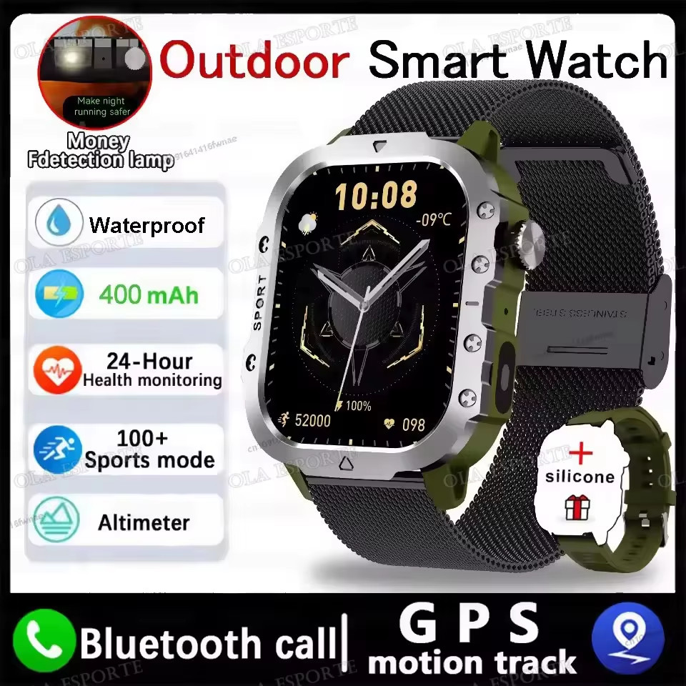 Military GPS Smart Watch Men – Flashlight, Compass, Waterproof, Bluetooth Call