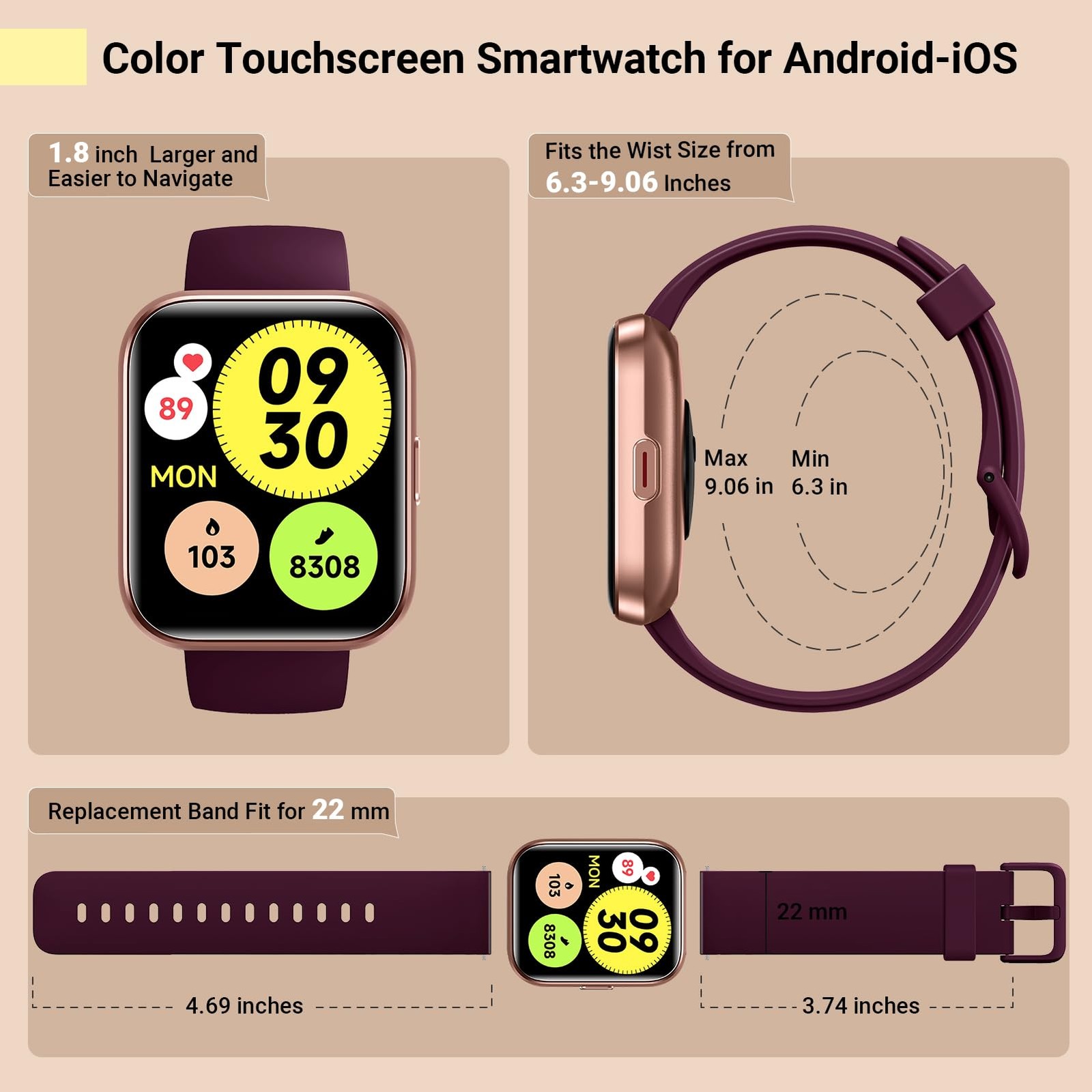 Smartwatch for Women, Compatible with Android & iPhone, 1.8” Fitness Tracker…