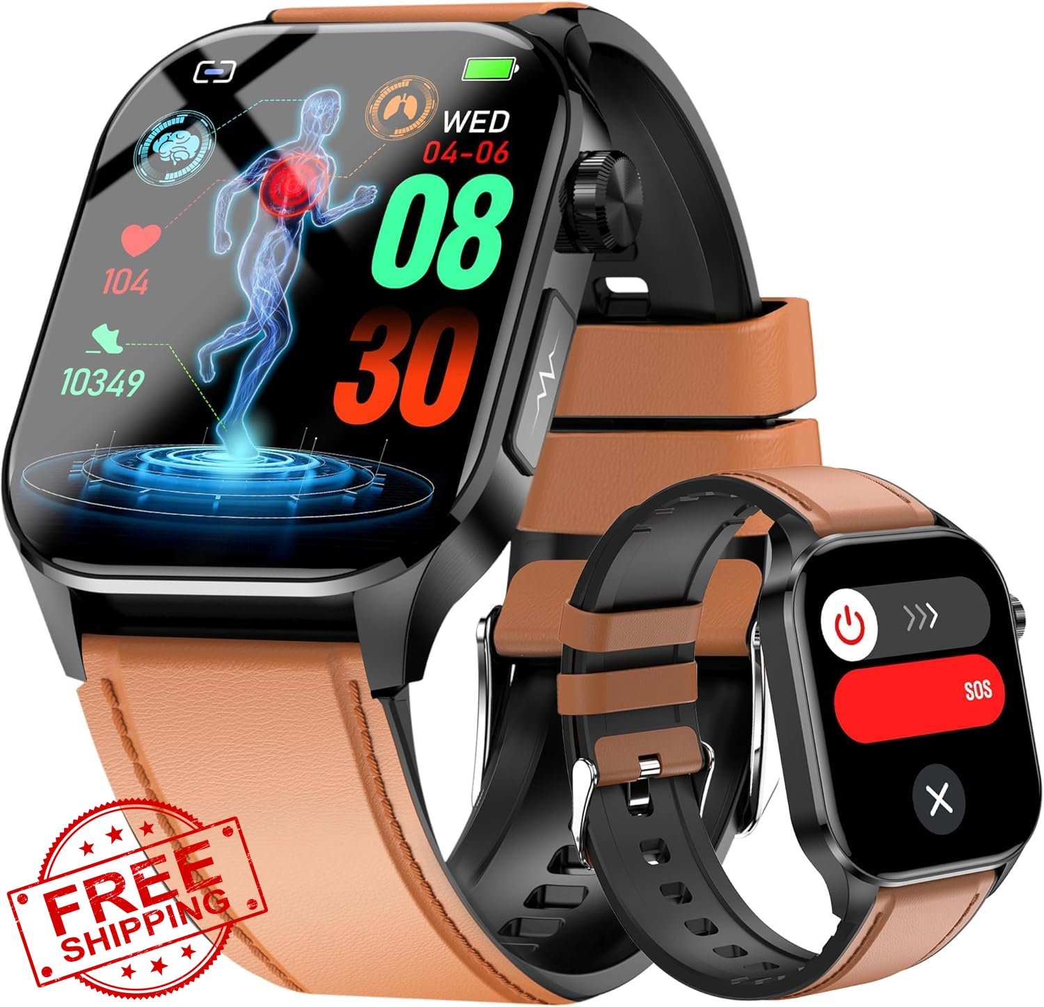 hellibito Smartwatch for Women Men Brown Health Monitor Heart Rate BP