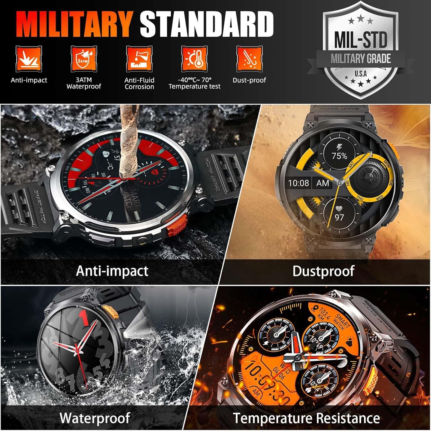Military Smart Watch For Men (Call Receive/Dial) Rugged Tactical Fitness Tracker