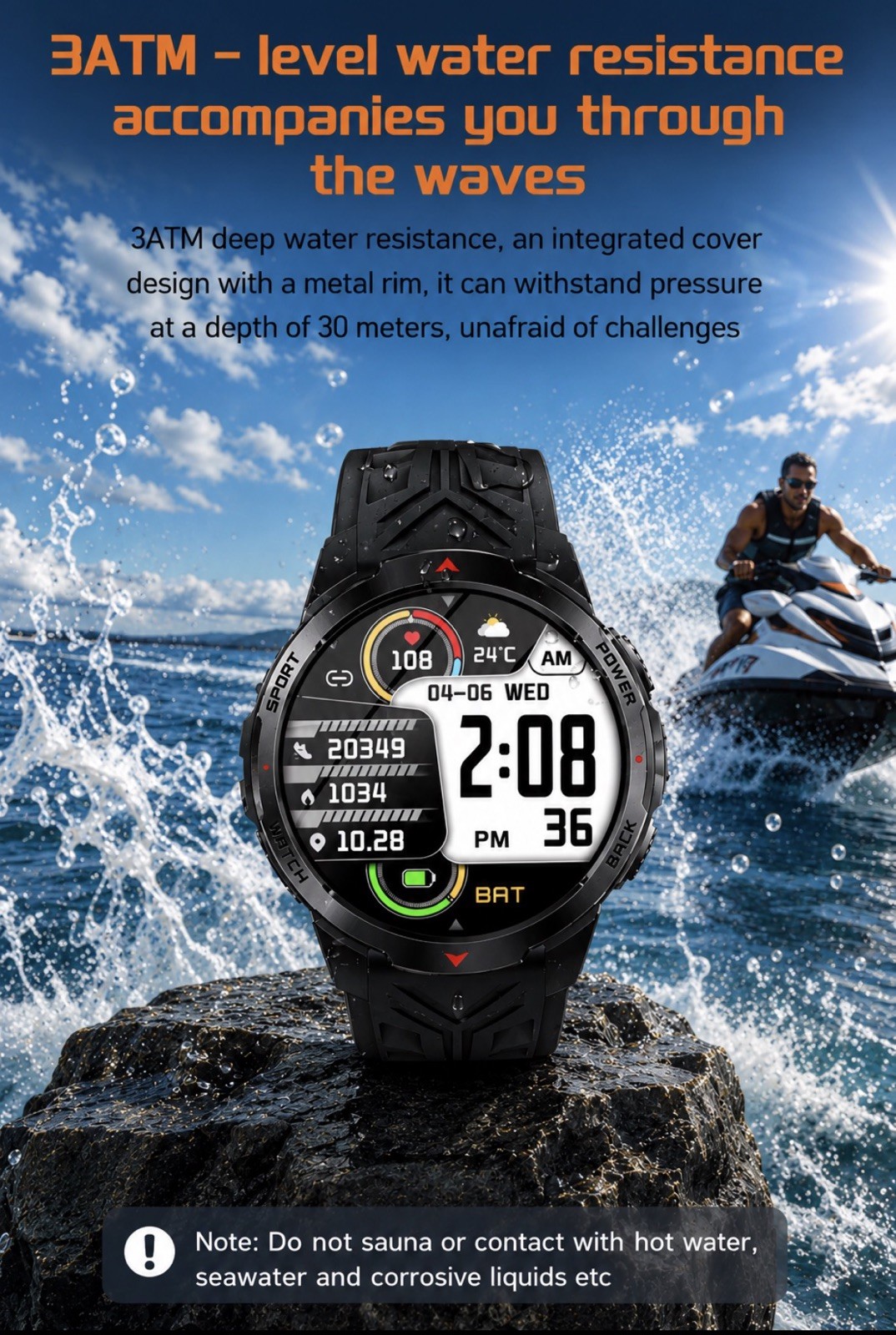 Smartwatch Flashlight 3ATM Waterproof Fitness & Health Tracker, Multi Funct