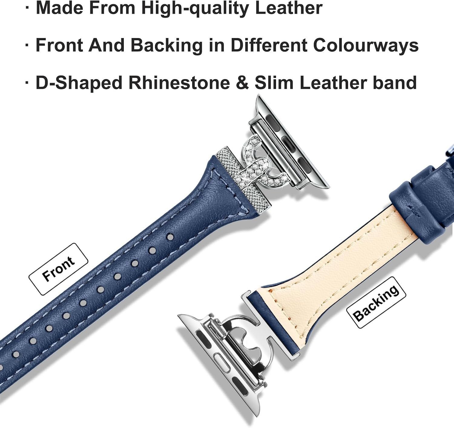Navy Blue Slim Leather Band for Apple Watch Series 10 41mm with D-Shape Diamonds