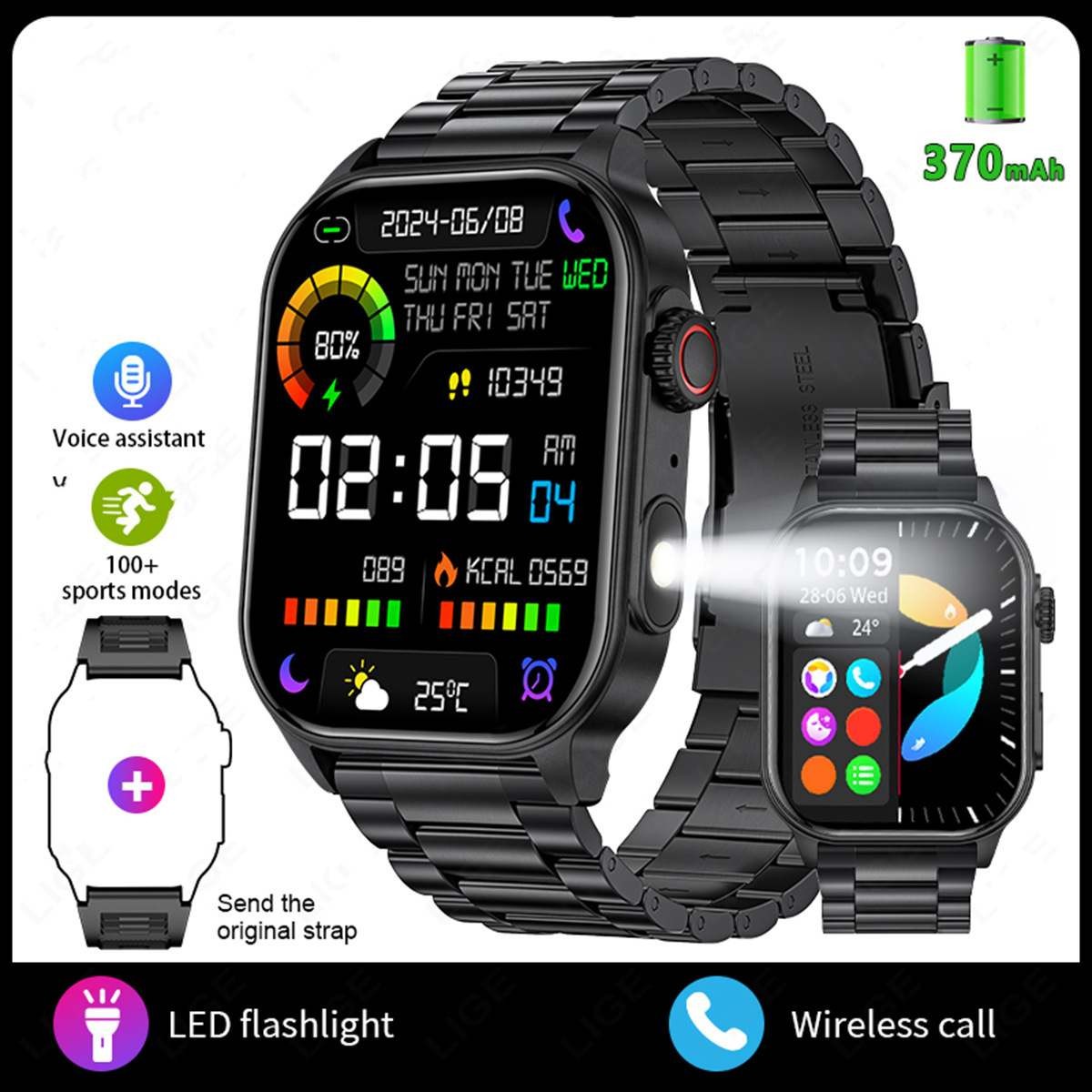 LIGE Smart Fitness Bluetooth watch Heart Rate Blood Pressure Health Monitoring
