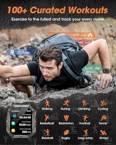 Men’s Military Smart Watch – Calls, Blood Pressure, Heart Rate, Sleep, 100+ Spor