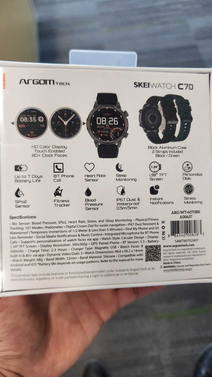 Argomtech Skeiwatch C70 Smartwatch Black Band, Bluetooth, Fitness Tracker