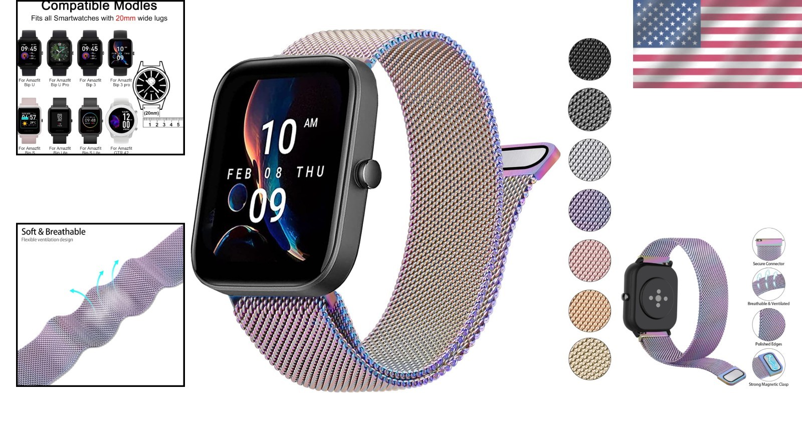 Adjustable 20mm Stainless Steel Bands with Magnetic Clasp for Amazfit GTS Series