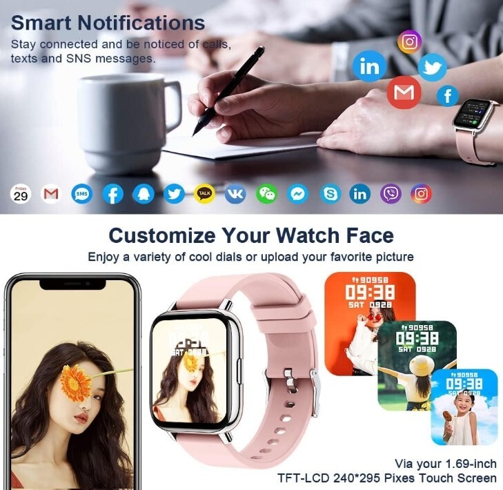Smart Watch, 1.69″ LCD Touch,Heart Rate,Sleep Monitor,Step Counter,IP68 Waterpro