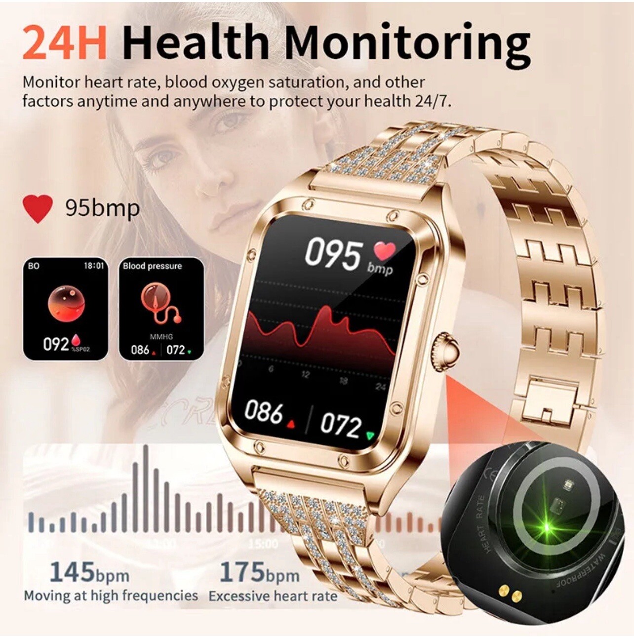 Woman Smart Watch + 2 Bands (Rubber , Diamond Metal ) Works With ( IOS, Android)