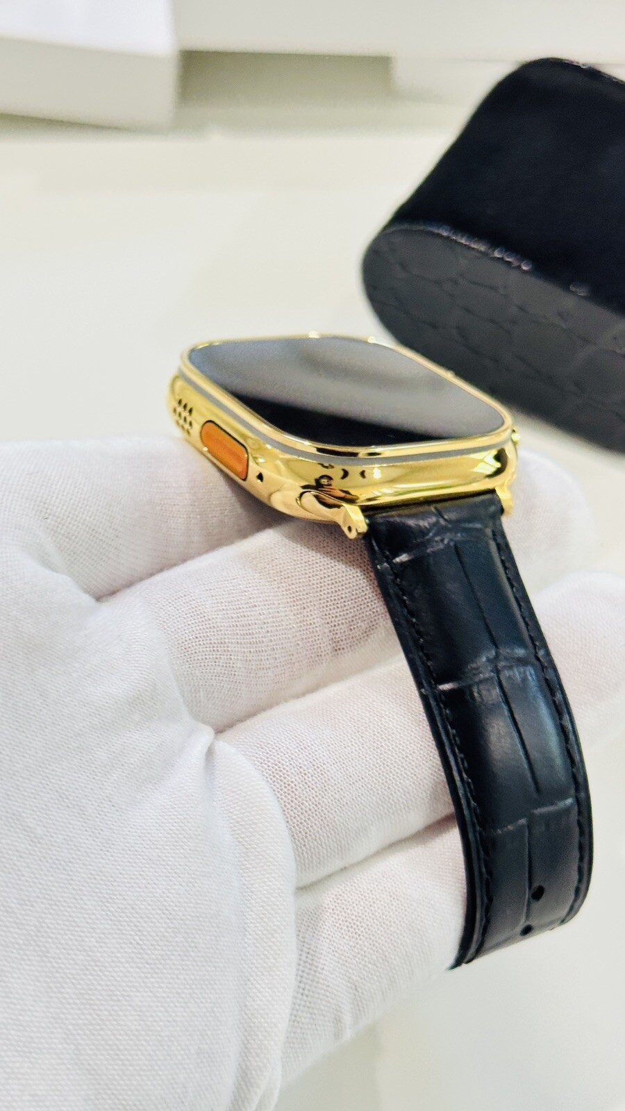 24k Gold Plated Apple Watch ULTRA 2 49mm Black Leather Band Polished CUSTOM