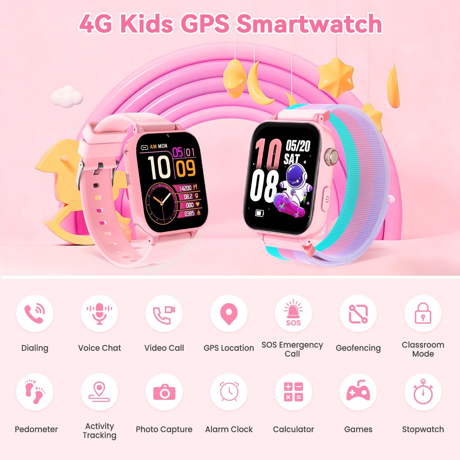 4G Kids Smart Watch Phone with GPS, Video Call, SOS, Games, Touch Screen – Pink