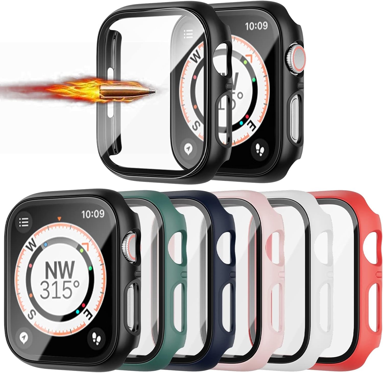 6-Pack Hard Case with Tempered Glass Protector for 44mm Apple Watch SE3