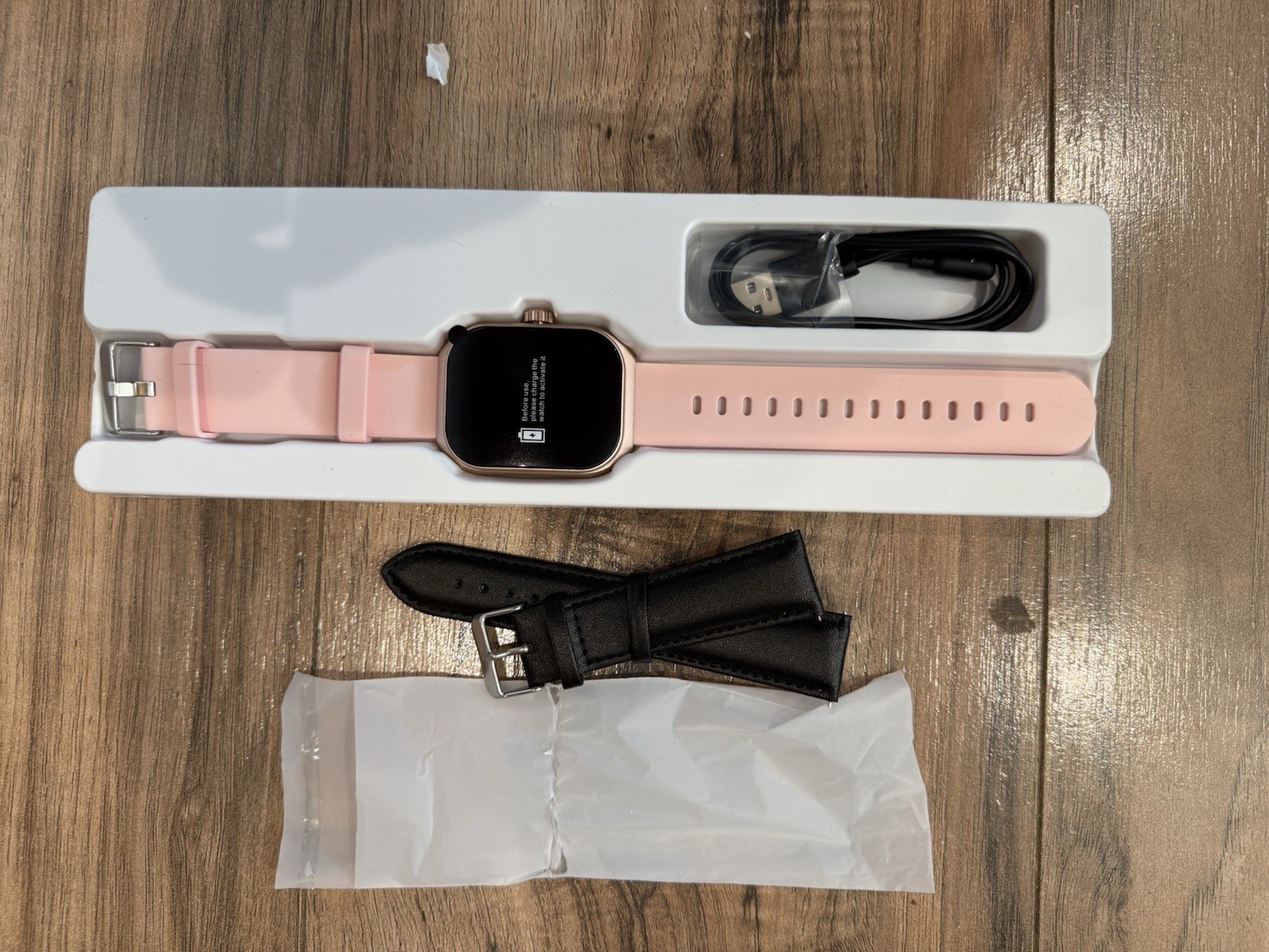 Letsfit Smart Watch E46 Gold Bezel Pink Band Extra Leather Strap New