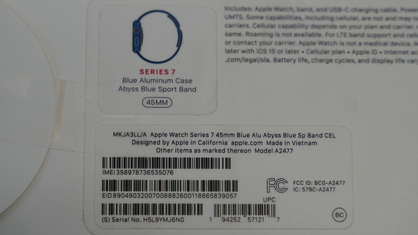 Apple Watch Series 7 GPS 45mm Blue Aluminum Case with Blue Sport Band MKJA3LL/A