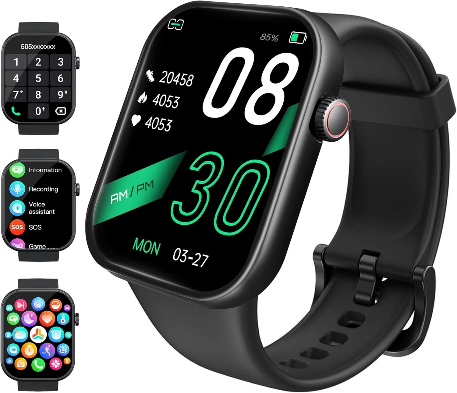 Smart Watch with Call Function Sleep Activity Tracker Black Silicone Band