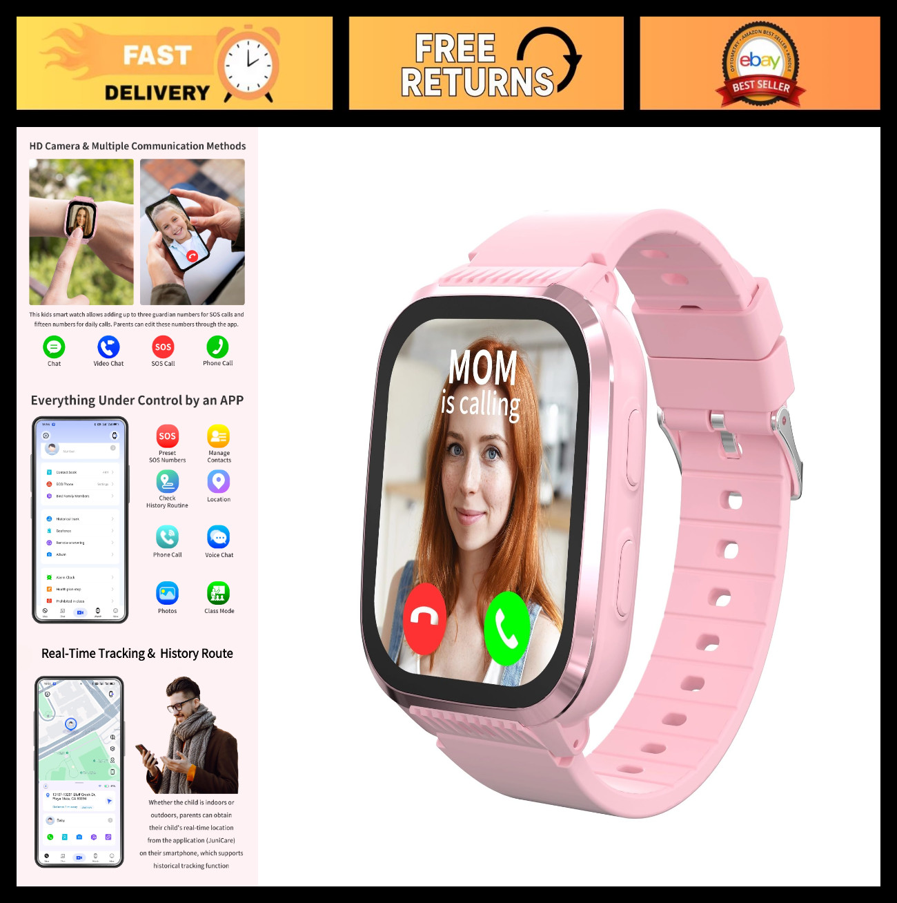4G Kids Smart Watch with GPS Tracker & SOS Call, Pink, Age 5-12, HD Video, Paren