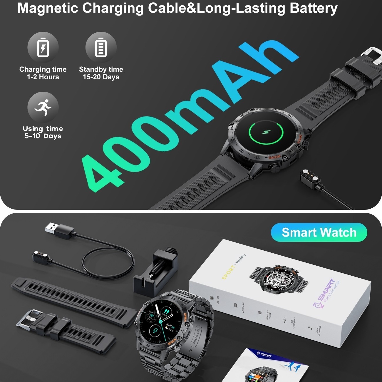 2026 Smart Watch for Men Bluetooth Call Receive/Dial Heart Rate Fitness Tracker