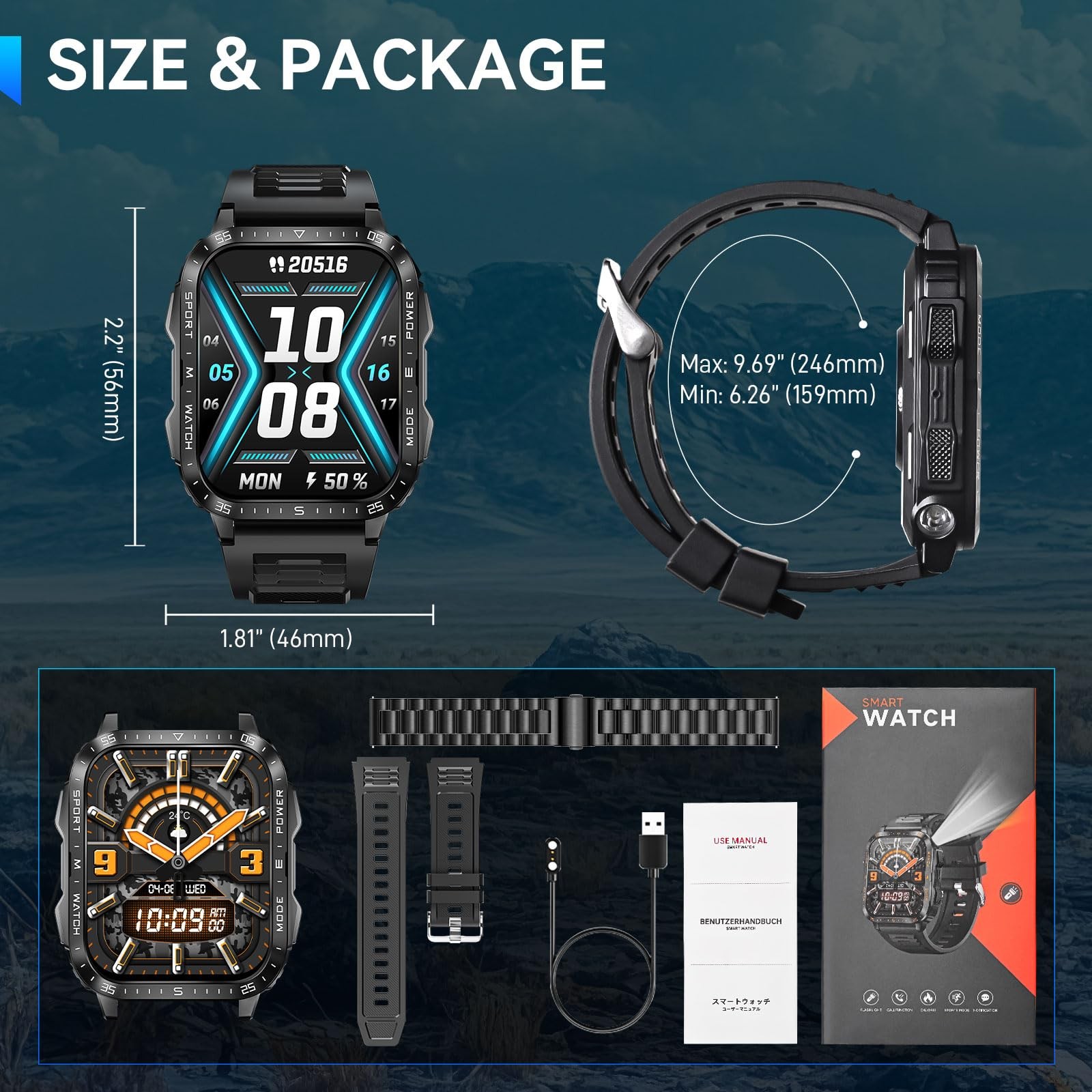 Military Smart Watch for Men with LED Flashlight Watch 2.0” Big Screen Tacti…