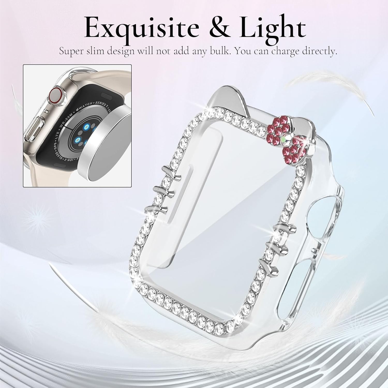 Cartoon Bow Cat Bling Case for Apple Watch Series 10 42mm with Tempered Glass