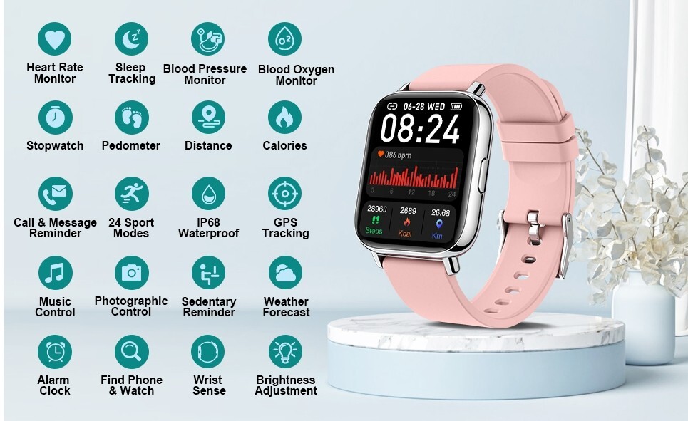 Smart Watch, 1.69″ LCD Touch,Heart Rate,Sleep Monitor,Step Counter,IP68 Waterpro