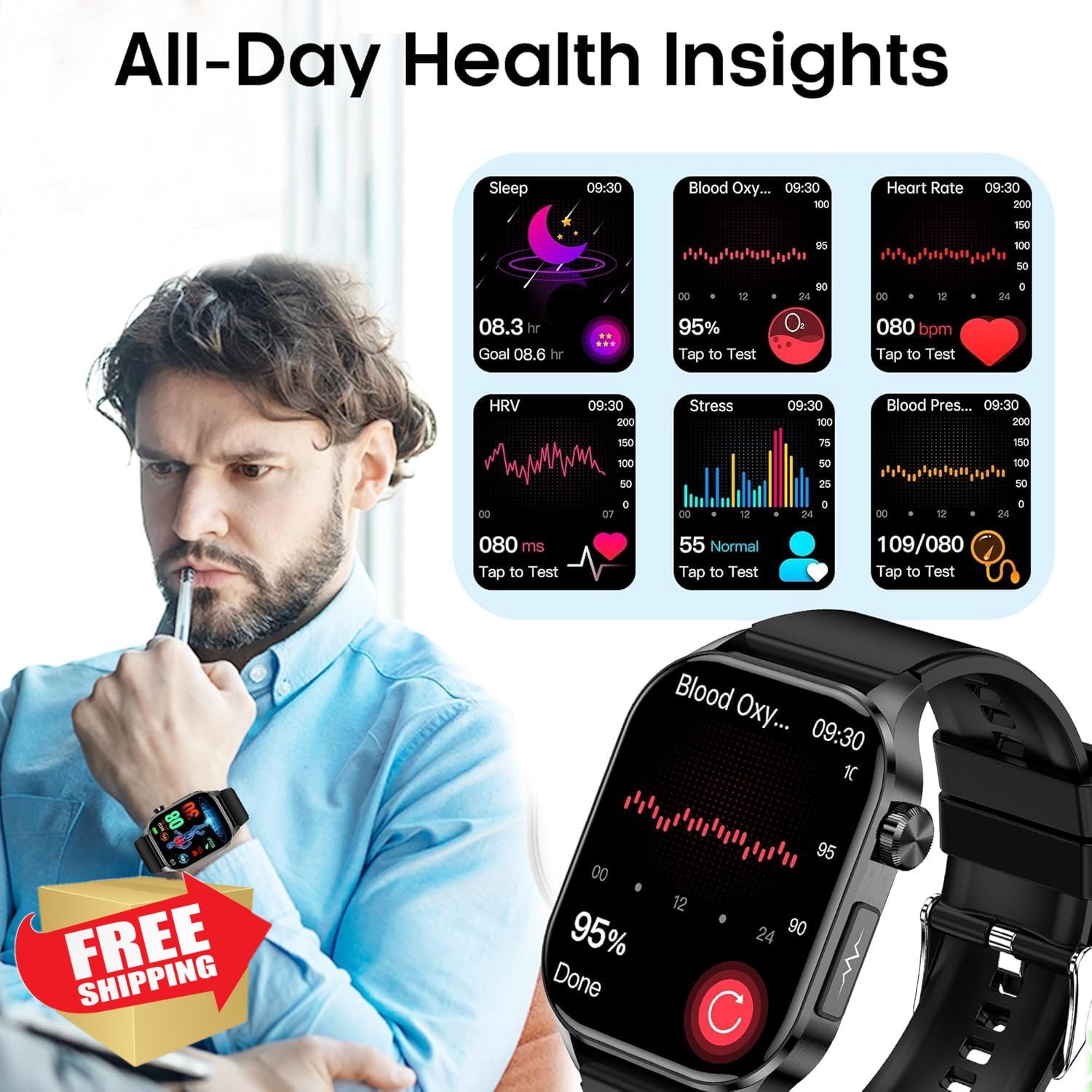 hellibito Smartwatch for Women Men Brown Health Monitor Heart Rate BP