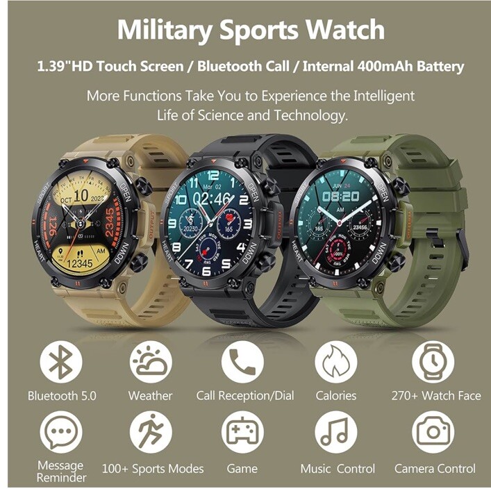 Mens Military Style Smart Watch