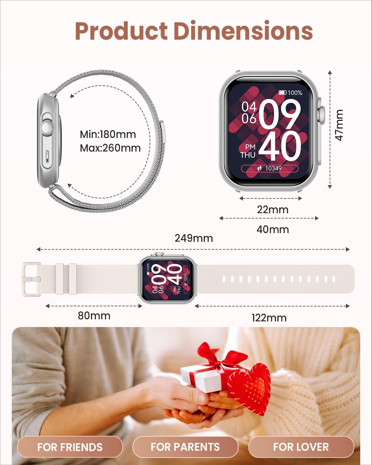 1.83″ HD Smart Watch, 30 Days Battery Life, Adjustable, Silver-Beige
