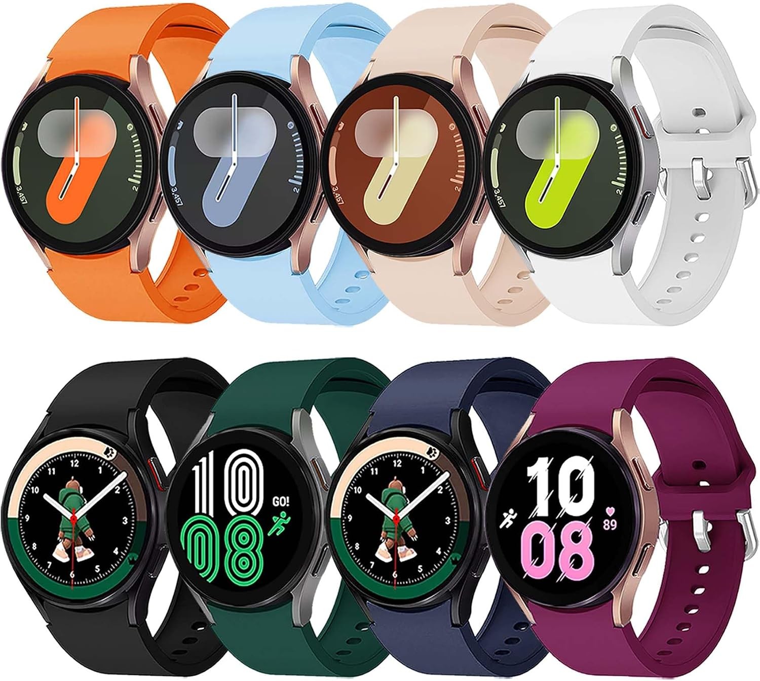 8 Silicone Sport Bands for Samsung Galaxy Watch 40mm 44mm – 8 Pack in Multiple C