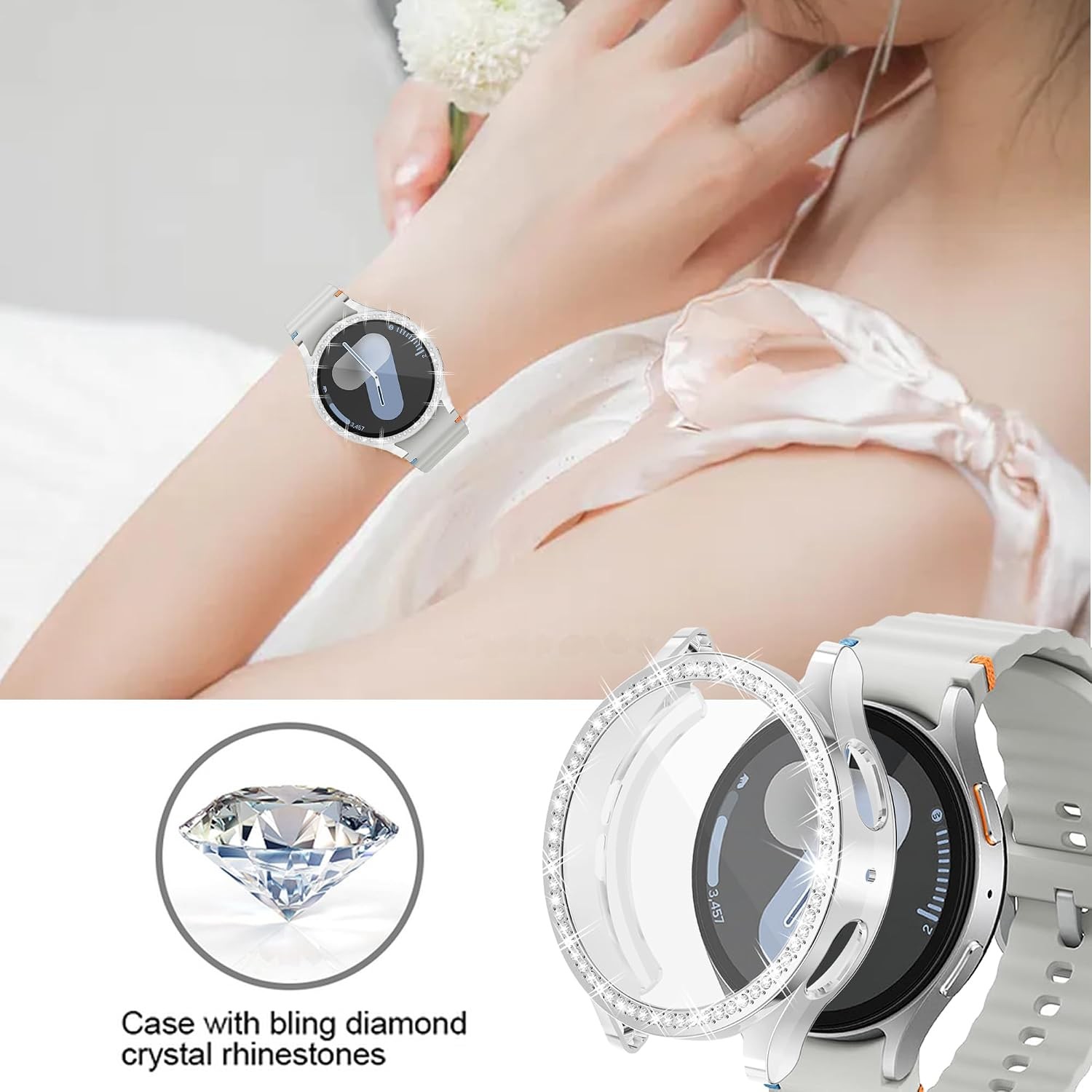 Screen Protector Case for Samsung Galaxy Watch 7 44mm Bling Diamonds Soft TPU