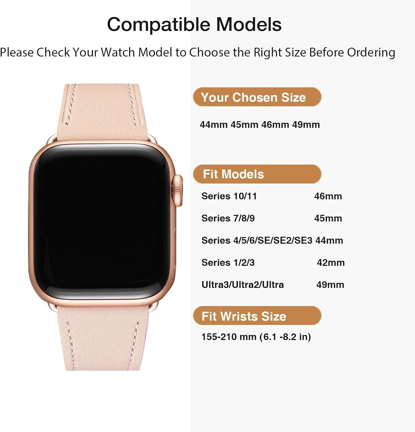 Leather Strap Compatible with Apple Watch Series 7 44mm Pink Sand/Rose Gold
