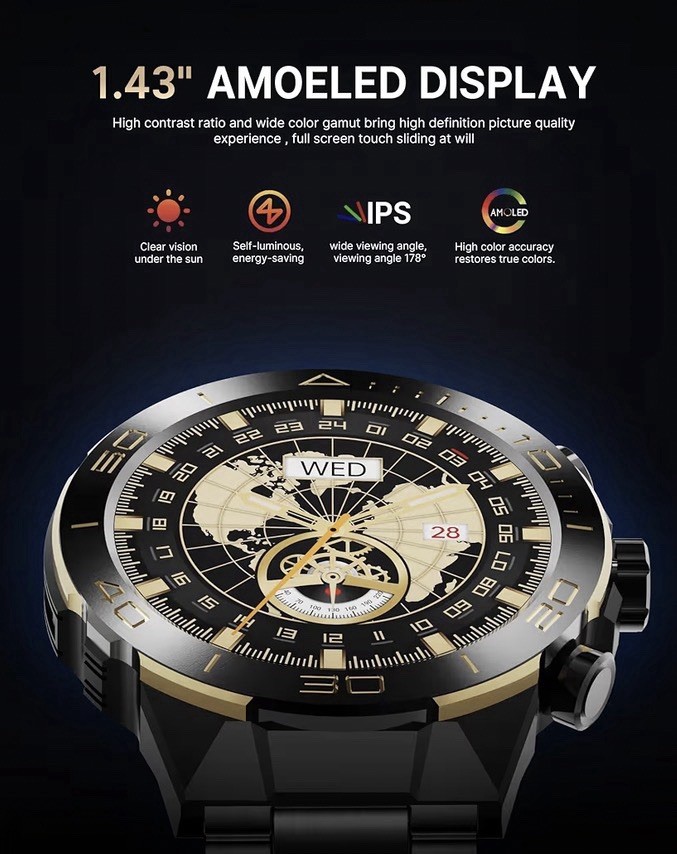 Mens Luxury Smart Watch for iPhone/Android,1.43″ AMOLED HD Screen,$150 On Amazon